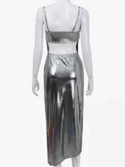 Metallic Cowl Neck Slip Dress For Women - Silver Sexy Cut Out Back Asymmetrical Midi Slit Dress - Summer Night Club Party 2026