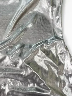 Metallic Cowl Neck Slip Dress For Women - Silver Sexy Cut Out Back Asymmetrical Midi Slit Dress - Summer Night Club Party 2026
