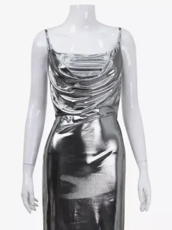 Metallic Cowl Neck Slip Dress For Women - Silver Sexy Cut Out Back Asymmetrical Midi Slit Dress - Summer Night Club Party 2026