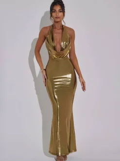 Metallic Gold Maxi Dress With Open Back Party Halter Bodycon Dress For Women 2026
