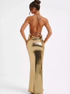 Metallic Gold Maxi Dress With Open Back Party Bodycon Halter Dress Dress For Women 2026