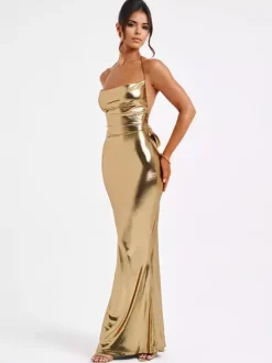 Metallic Gold Maxi Dress With Open Back Party Bodycon Halter Dress Dress For Women 2026