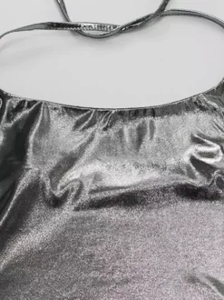 Metallic Halter Top For Women - Silver Sexy Side Slit Asymmetrical Tank - Summer Night Club Party 2026