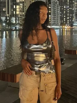 Metallic Halter Top For Women - Silver Sexy Side Slit Asymmetrical Tank - Summer Night Club Party 2026
