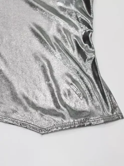 Metallic Halter Top For Women - Silver Sexy Side Slit Asymmetrical Tank - Summer Night Club Party 2026