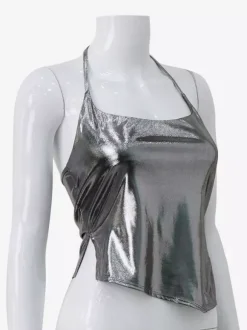 Metallic Halter Top For Women - Silver Sexy Side Slit Asymmetrical Tank - Summer Night Club Party 2026