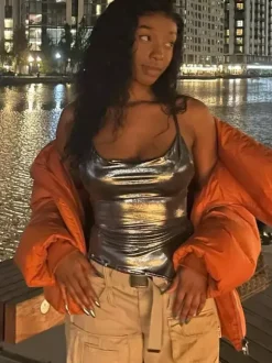 Metallic Halter Top For Women - Silver Sexy Side Slit Asymmetrical Tank - Summer Night Club Party 2026