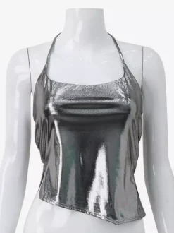 Metallic Halter Top For Women - Silver Sexy Side Slit Asymmetrical Tank - Summer Night Club Party 2026
