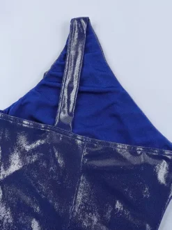 Metallic One-Shoulder Maxi Dress For Women - Royal Blue Ruched High Slit Slim Fit Gown - Spring Cocktail Party Wear 2026