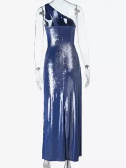 Metallic One-Shoulder Maxi Dress For Women - Royal Blue Ruched High Slit Slim Fit Gown - Spring Cocktail Party Wear 2026