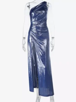 Metallic One-Shoulder Maxi Dress For Women - Royal Blue Ruched High Slit Slim Fit Gown - Spring Cocktail Party Wear 2026