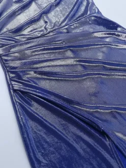 Metallic One-Shoulder Maxi Dress For Women - Royal Blue Ruched High Slit Slim Fit Gown - Spring Cocktail Party Wear 2026