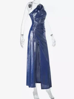Metallic One-Shoulder Maxi Dress For Women - Royal Blue Ruched High Slit Slim Fit Gown - Spring Cocktail Party Wear 2026