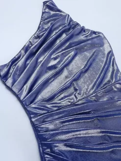 Metallic One-Shoulder Maxi Dress For Women - Royal Blue Ruched High Slit Slim Fit Gown - Spring Cocktail Party Wear 2026