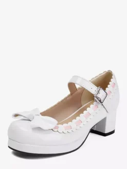 Mid Block Heel Mary Jane Gothic Sweet Lolita Footwear Red Color Block Bows Ruffles Round Toe Lolita Shoes