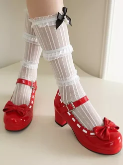 Mid Block Heel Mary Jane Gothic Sweet Lolita Footwear Red Color Block Bows Ruffles Round Toe Lolita Shoes