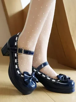 Mid Block Heel Mary Jane Gothic Sweet Lolita Footwear Red Color Block Bows Ruffles Round Toe Lolita Shoes