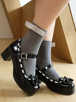 Mid Block Heel Mary Jane Gothic Sweet Lolita Footwear Red Color Block Bows Ruffles Round Toe Lolita Shoes