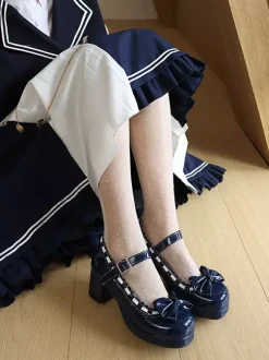 Mid Block Heel Mary Jane Gothic Sweet Lolita Footwear Red Color Block Bows Ruffles Round Toe Lolita Shoes