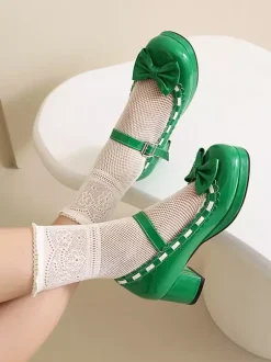 Mid Block Heel Mary Jane Gothic Sweet Lolita Footwear Red Color Block Bows Ruffles Round Toe Lolita Shoes