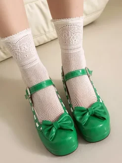 Mid Block Heel Mary Jane Gothic Sweet Lolita Footwear Red Color Block Bows Ruffles Round Toe Lolita Shoes