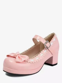 Mid Block Heel Mary Jane Gothic Sweet Lolita Footwear Red Color Block Bows Ruffles Round Toe Lolita Shoes