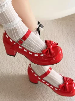 Mid Block Heel Mary Jane Gothic Sweet Lolita Footwear Red Color Block Bows Ruffles Round Toe Lolita Shoes