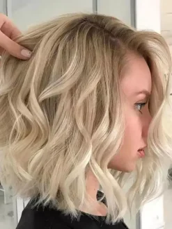 Middle Part Water Wave Bob Wig Medium Length Layered Loose Curly Heat Resistant Synthetic Hair Wig
