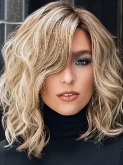 Middle Part Water Wave Bob Wig Medium Length Layered Loose Curly Heat Resistant Synthetic Hair Wig