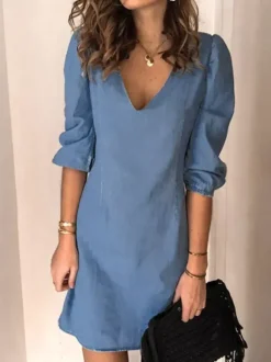 Midi Dress V-Neck Half Sleeves Simple Light Sky Blue Summer Dress