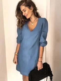 Midi Dress V-Neck Half Sleeves Simple Light Sky Blue Summer Dress