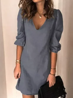 Midi Dress V-Neck Half Sleeves Simple Light Sky Blue Summer Dress