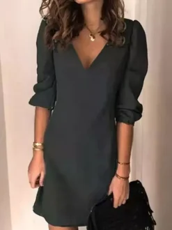 Midi Dress V-Neck Half Sleeves Simple Light Sky Blue Summer Dress