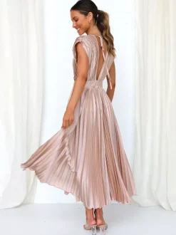Midi Dress V-Neck Sleeveless Casual Oversized Pleated Party Prom Dress