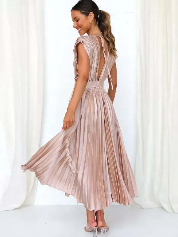 Midi Dress V-Neck Sleeveless Casual Oversized Pleated Party Prom Dress