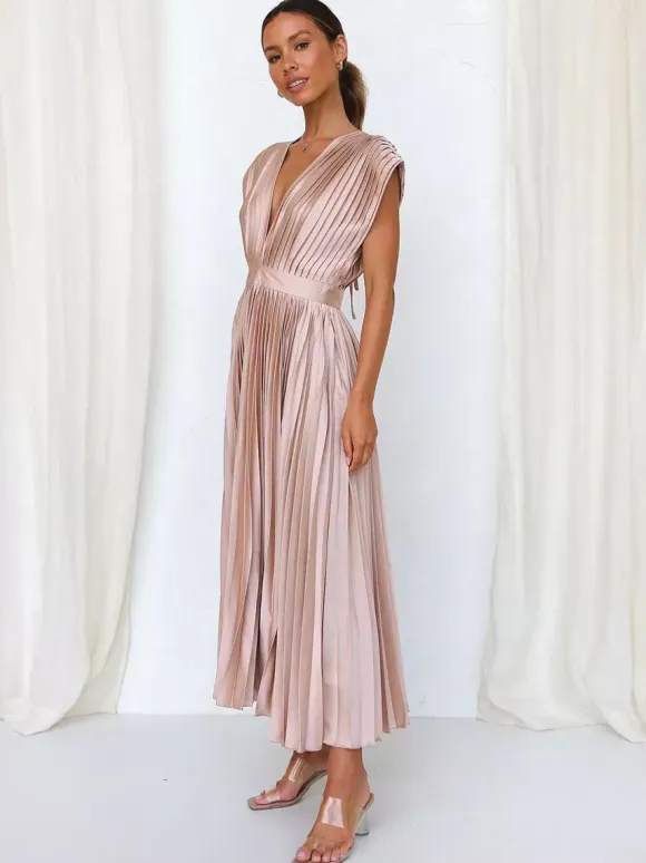 Midi Dress V-Neck Sleeveless Casual Oversized Pleated Party Prom Dress