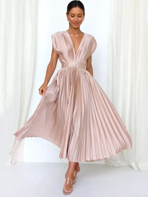 Midi Dress V-Neck Sleeveless Casual Oversized Pleated Party Prom Dress