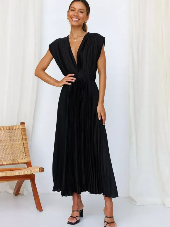 Midi Dress V-Neck Sleeveless Casual Oversized Pleated Party Prom Dress