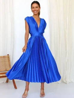 Midi Dress V-Neck Sleeveless Casual Oversized Pleated Party Prom Dress
