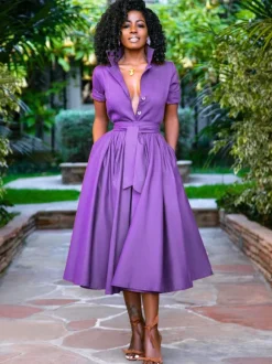 Midi Shirt Dresses Orange Stand Collar Sash Short Sleeves Layered Dress
