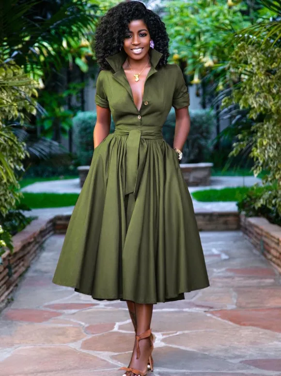 Midi Shirt Dresses Orange Stand Collar Sash Short Sleeves Layered Dress