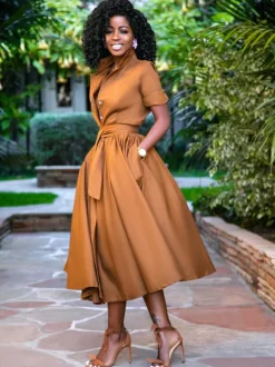 Midi Shirt Dresses Orange Stand Collar Sash Short Sleeves Layered Dress