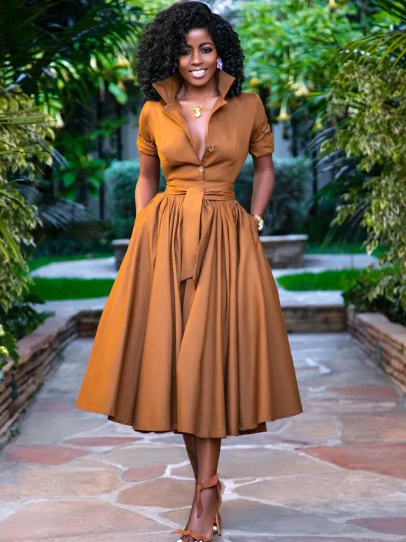 Midi Shirt Dresses Orange Stand Collar Sash Short Sleeves Layered Dress