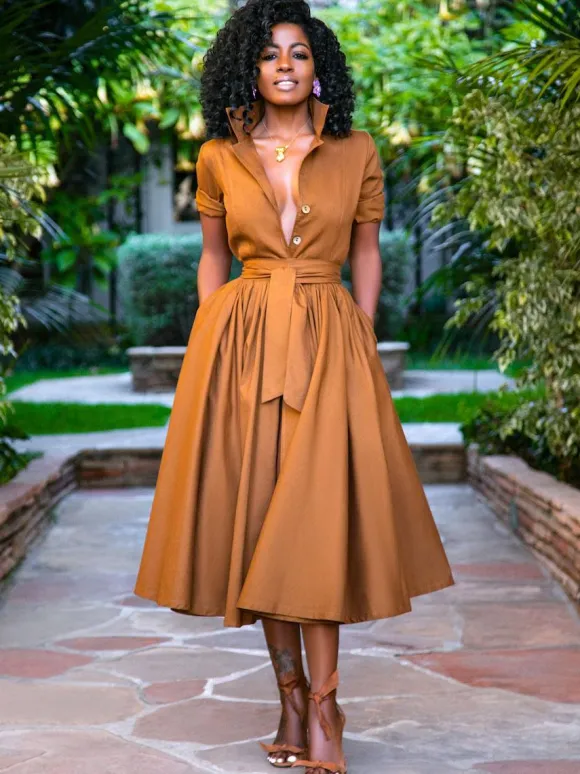 Midi Shirt Dresses Orange Stand Collar Sash Short Sleeves Layered Dress