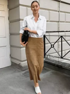 Midi Skirt Soft Suede Fabric High Waist Back Slit Vintage Midi Skirt