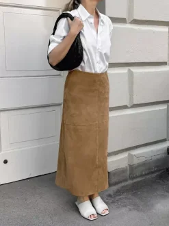 Midi Skirt Soft Suede Fabric High Waist Back Slit Vintage Midi Skirt
