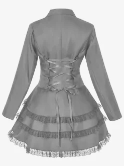 Mid-Length Punk Women Gothic Jacquard Double-Breasted Suit Black Swallowtail Coat European American