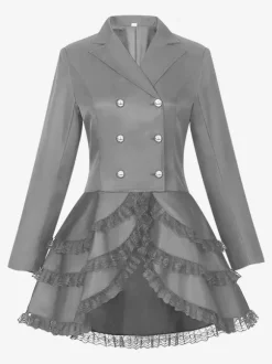 Mid-Length Punk Women Gothic Jacquard Double-Breasted Suit Black Swallowtail Coat European American