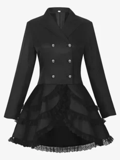 Mid-Length Punk Women Gothic Jacquard Double-Breasted Suit Black Swallowtail Coat European American