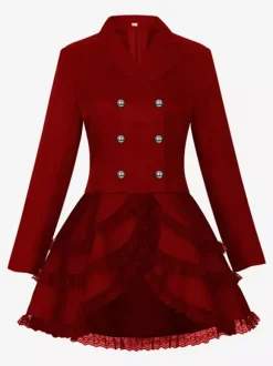 Mid-Length Punk Women Gothic Jacquard Double-Breasted Suit Black Swallowtail Coat European American